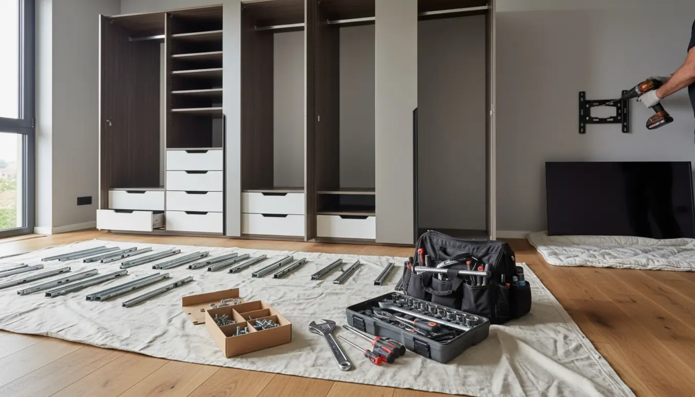 Delvist afmonteret moderne garderobeskab og fjernet tv-beslag med værktøj spredt på et beskyttende tæppe.