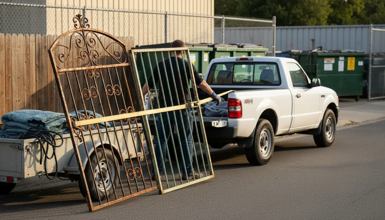 To jernhavelåger lænet op af en pickup ved fortovet, klar til at blive kørt væk.