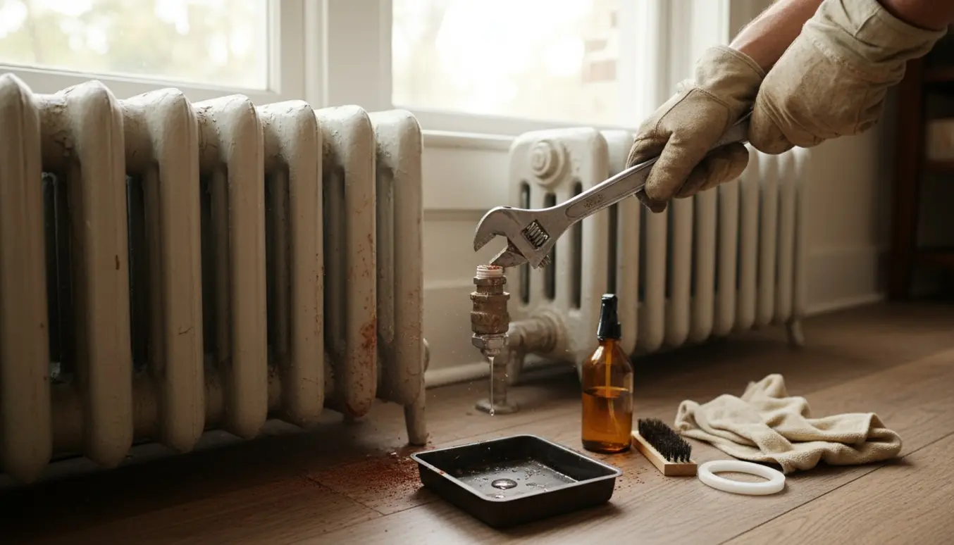 Nærbillede af en hånd i arbejdshandske, der løsner en rusten pakdåse på en radiator med værktøj og en drypbakke ved siden af.