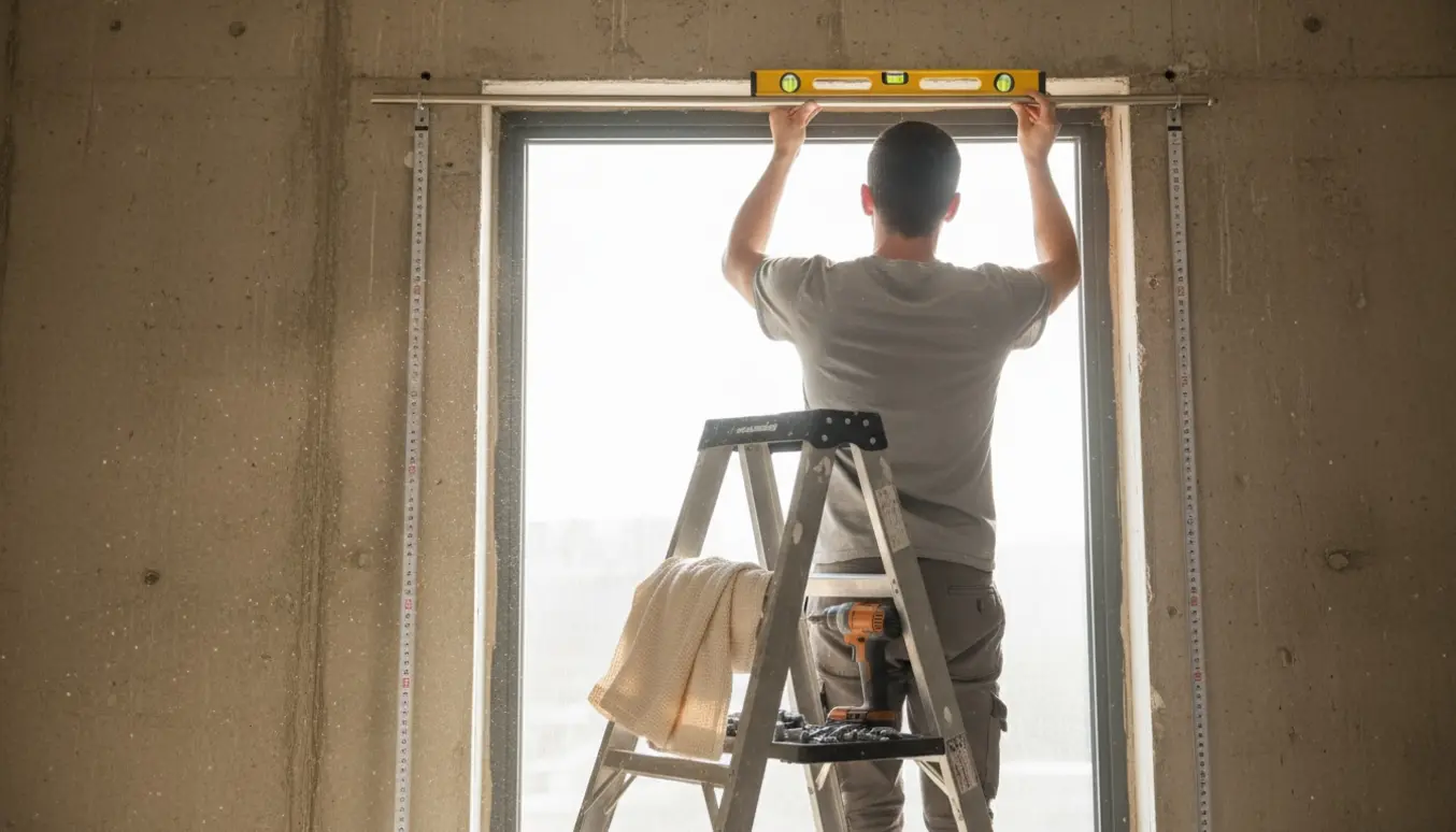 Tekniker monterer gardinstang på betonvæg over et højt vindue med værktøj og gardin klar.