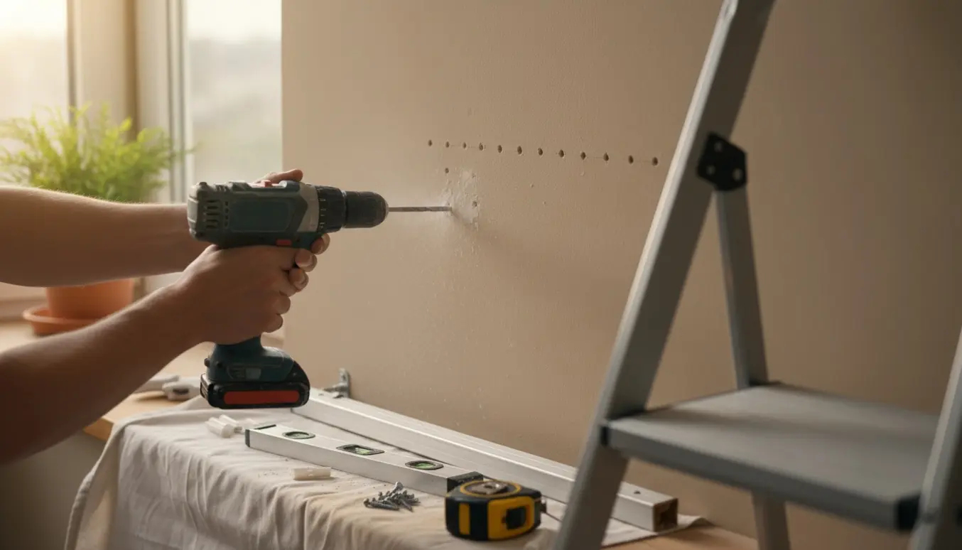 Nærbillede af hænder, der borer huller i en væg til en gardinstang med stige, skruer og rawlplugs i baggrunden.