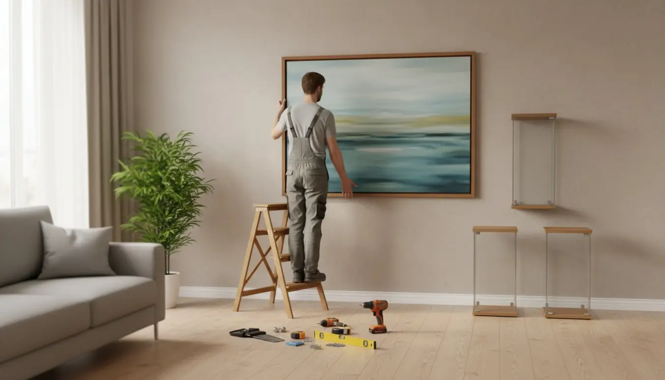 En person hænger et stort indrammet billede op og monterer to små vitrineskabe på en neutral væg med værktøj på gulvet.