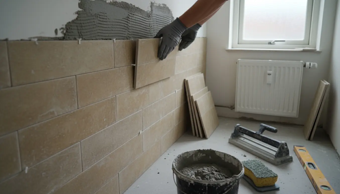 Hænder lægger fliser i et lille københavnsk badeværelse med værktøj og stabler af fliser.