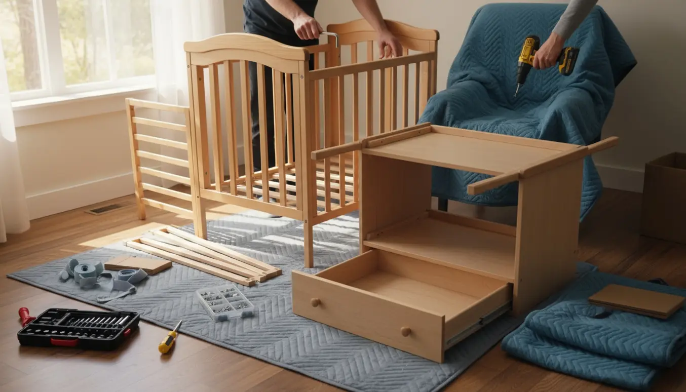 Delvist adskilt tremmeseng og puslebord i stuen med værktøj og hænder, der samler dem igen.