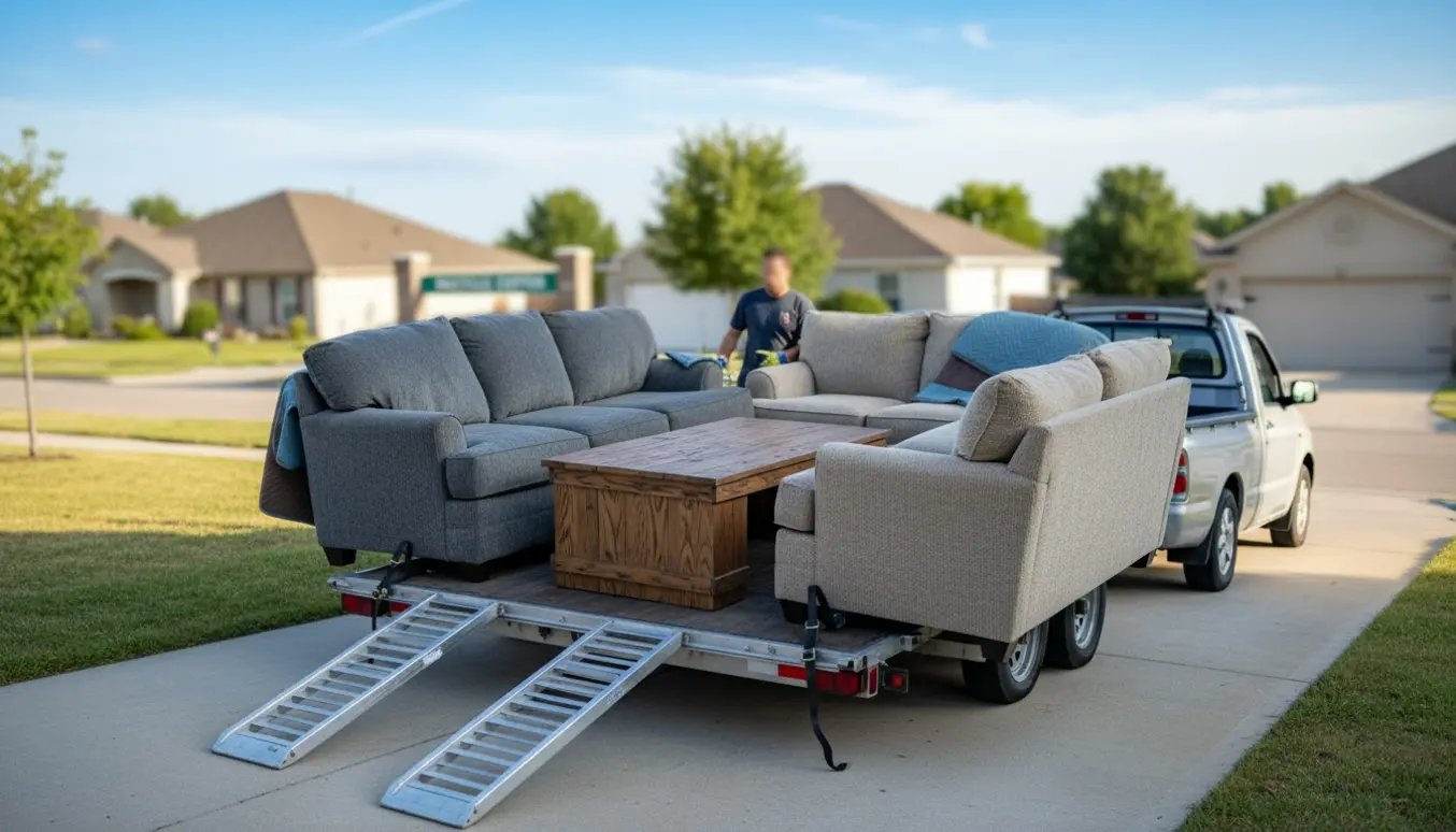 To sofaer og et solidt træ-sofabord læsses på en trailer i en indkørsel, ansigter er ikke synlige.