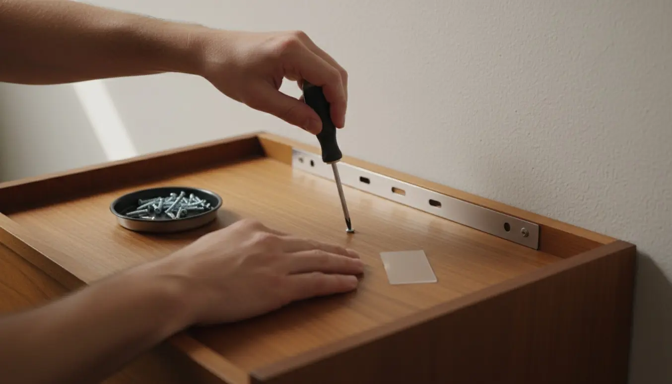 Hænder skruer få skruer ind i bagsiden af et vægmonteret sidebord tæt på væggen.