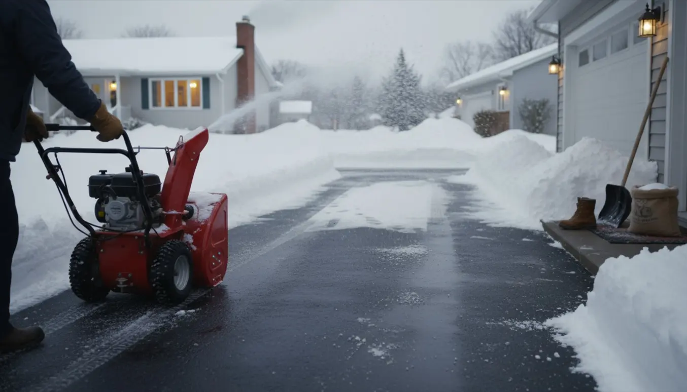 Indkørsel ryddet for sne med sneslynge, skovl og høje snemure mellem rækkehuse.