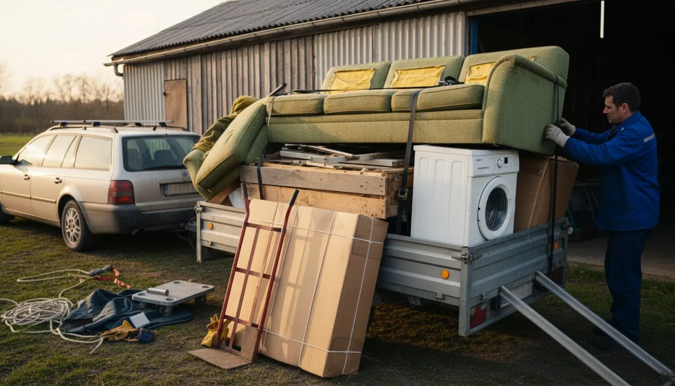 Trailer ved et udhus med en delt sofa i seks dele, en gammel vaskemaskine og stabler af pap klar til læsning.