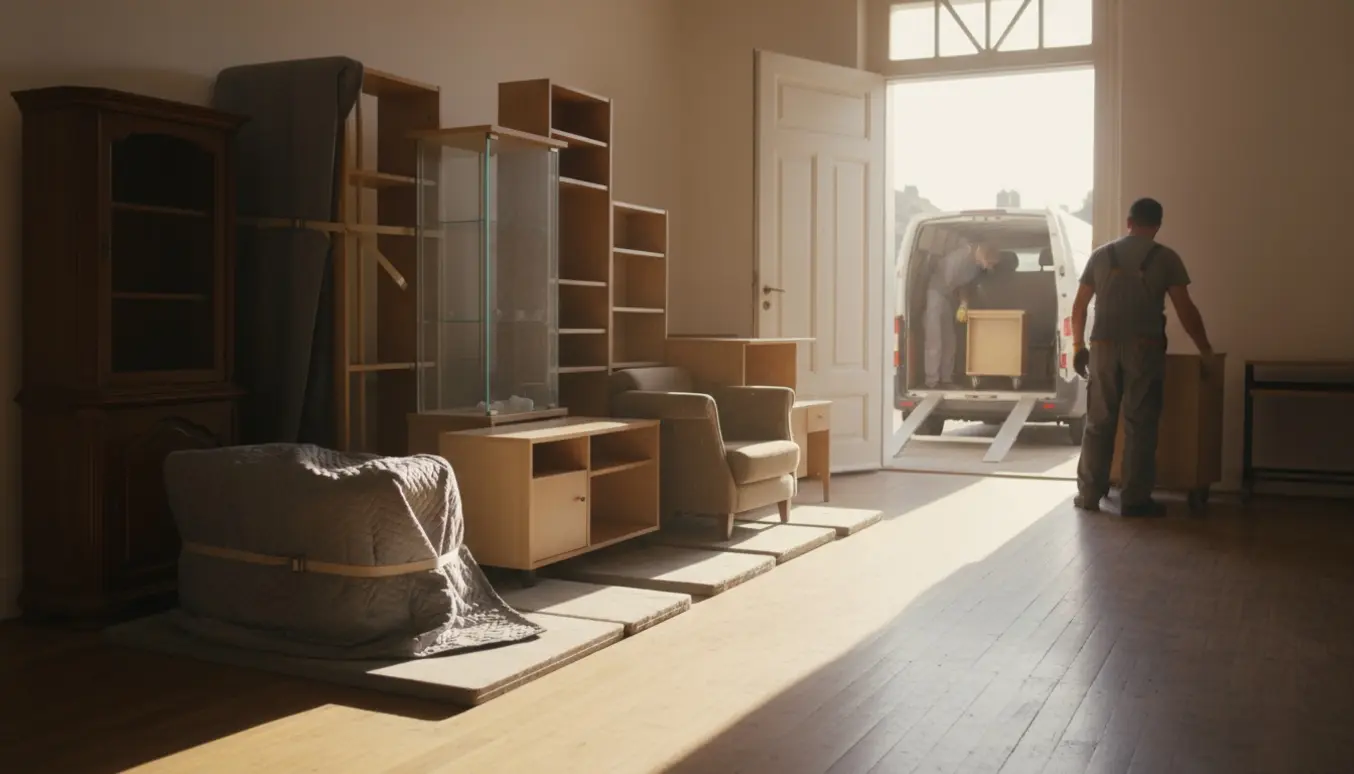 Sidste møbler fra stueplan stablet ved åben dør klar til afhentning i en flyttevogn.