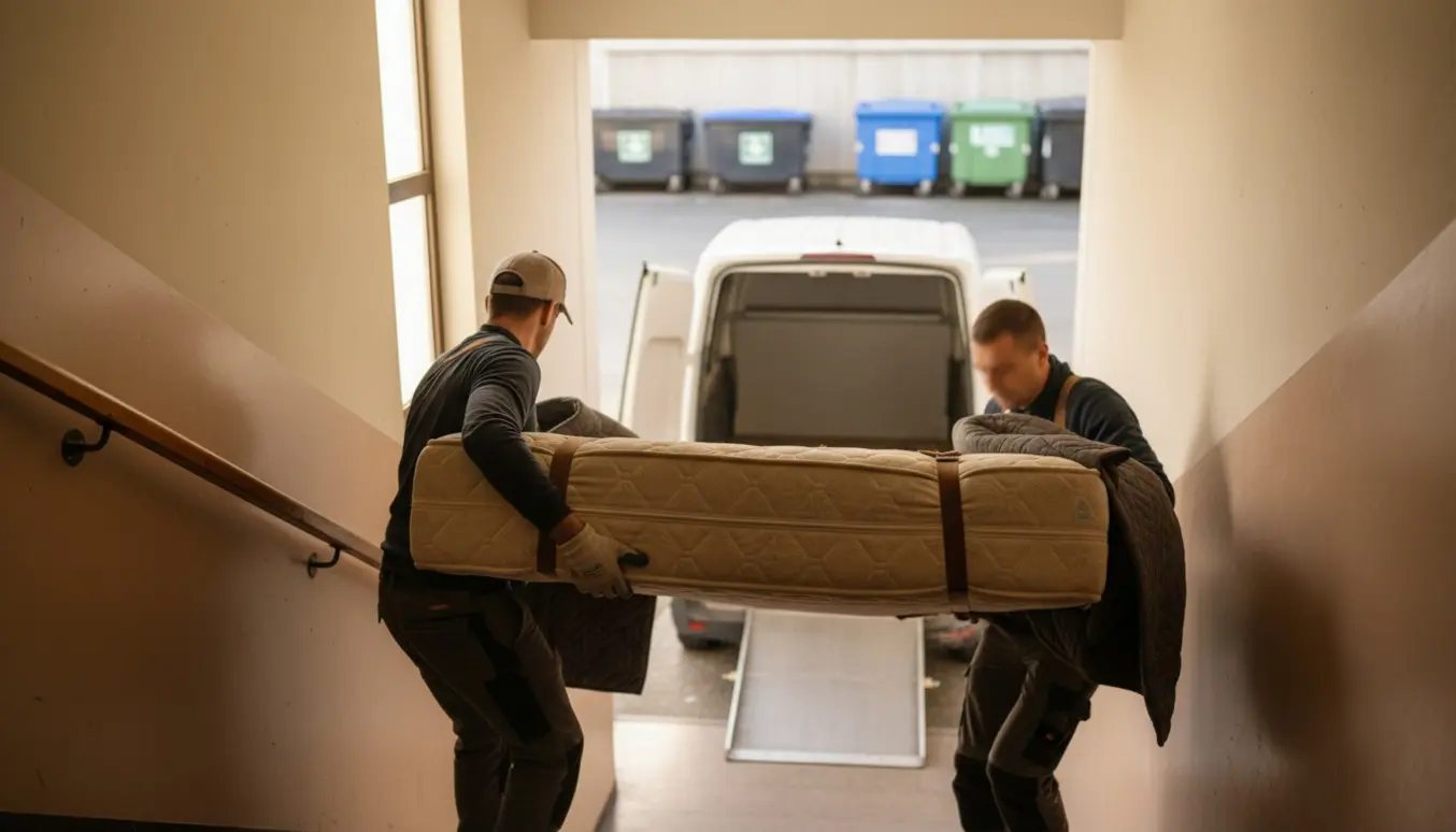 To personer bærer en stor boxmadras ned ad trappen mod en åben varevogn til bortskaffelse.