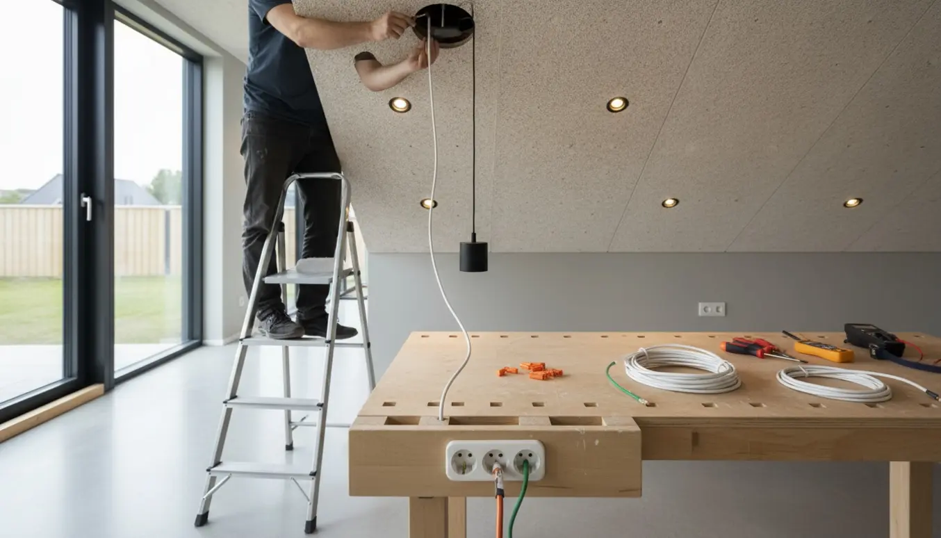 Elektriker monterer en lampe i et troldtekt-loft, mens en forlængerledning med jord forberedes ved en eksisterende stikkontakt.