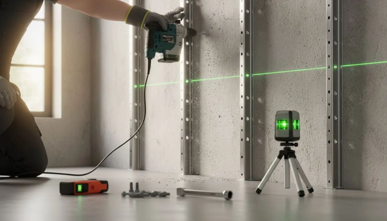 Tre metalstolper til en 2 m høj reol monteres på en rå betonvæg med boremaskine og laserniveau.