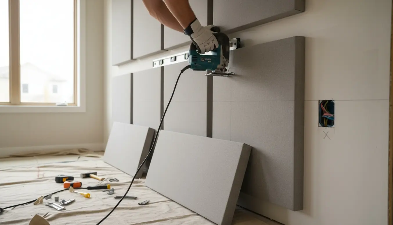 Håndværker skærer hul i et akustikpanel for at tilpasse plads til en stikkontakt under montering.