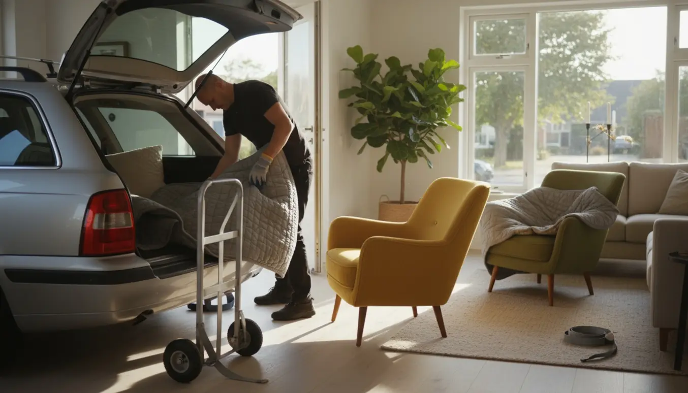 To personer bærer to lænestole fra en åben stationcar ind i en stue i blødt eftermiddagslys.