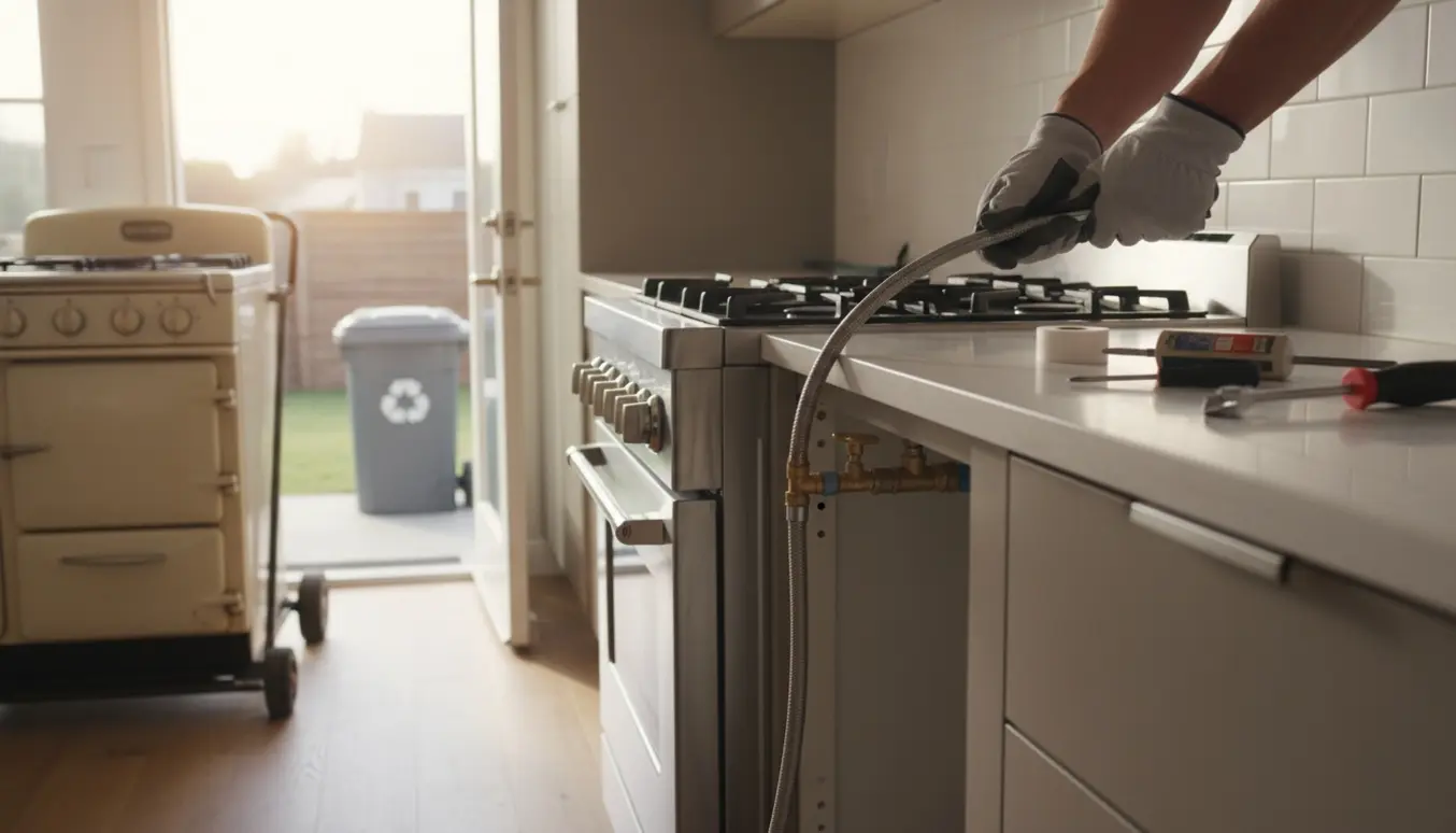 Tekniker frakobler et gammelt gaskomfur og tilslutter et nyt i et lyst køkken uden synlige ansigter.