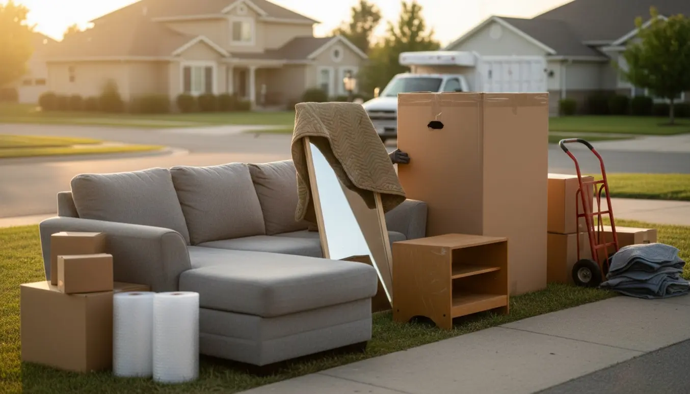Sofa med chaiselong, pakket spejl, uåbnet skab i karton og et lille tv-bord stillet ude til storskrald.