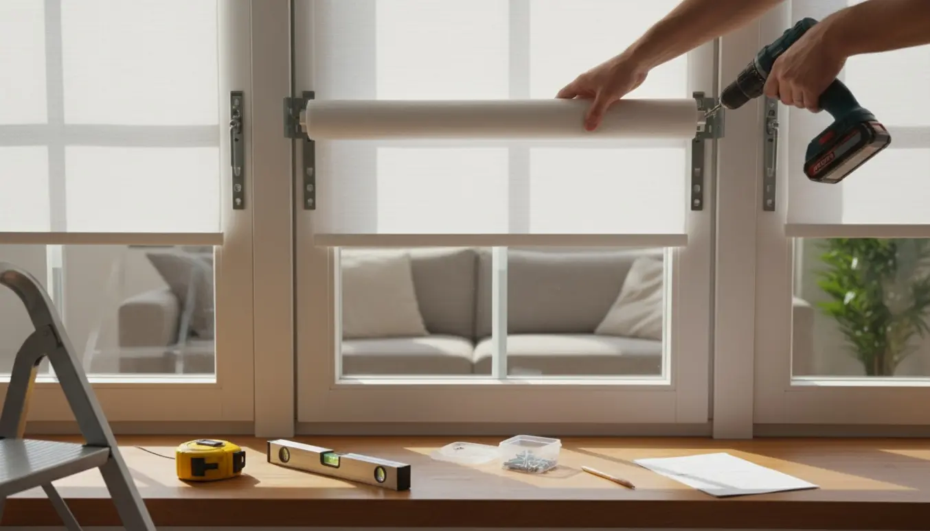 Tre rullegardiner monteres over vinduer, med værktøj og hænder i fokus.