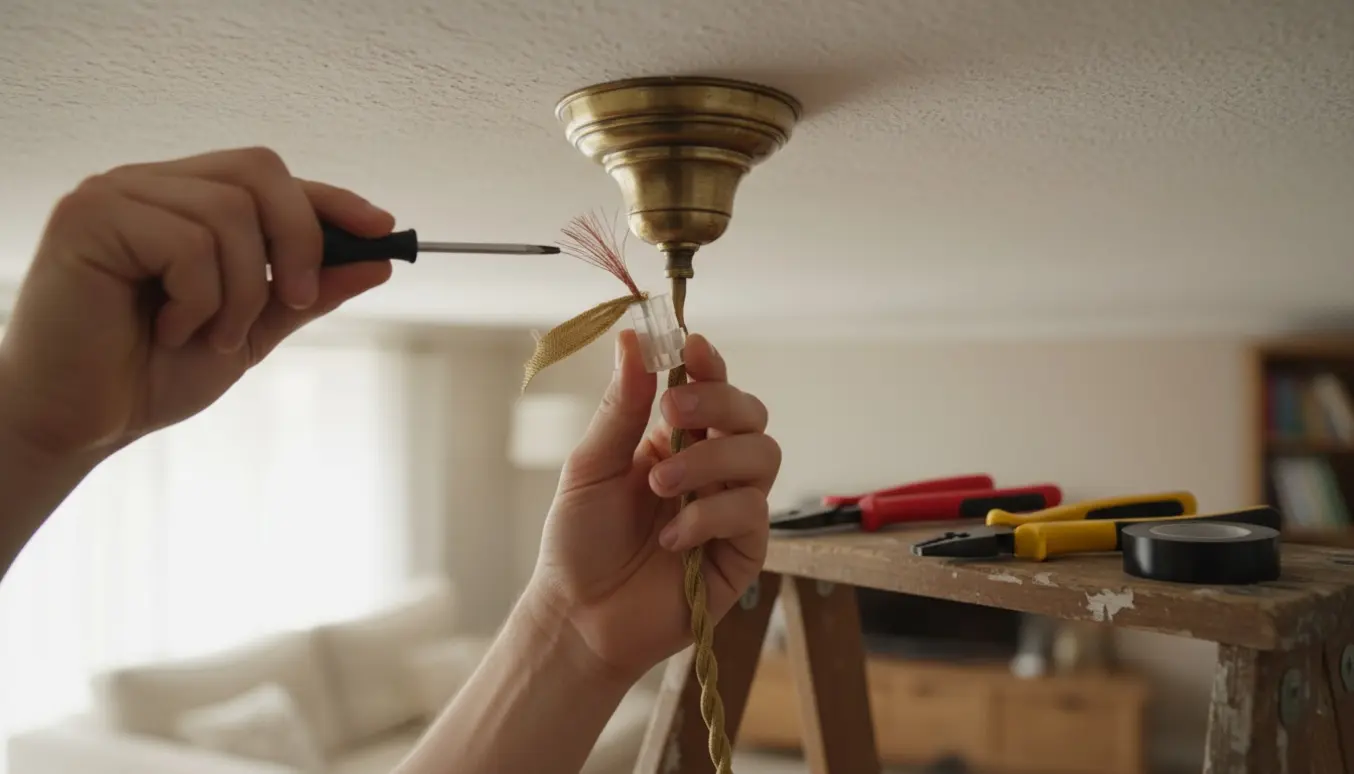 Nærbillede af hænder, der forkorter og tilslutter en stofindpakket lampeledning til et gammeldags messing lampeudtag.