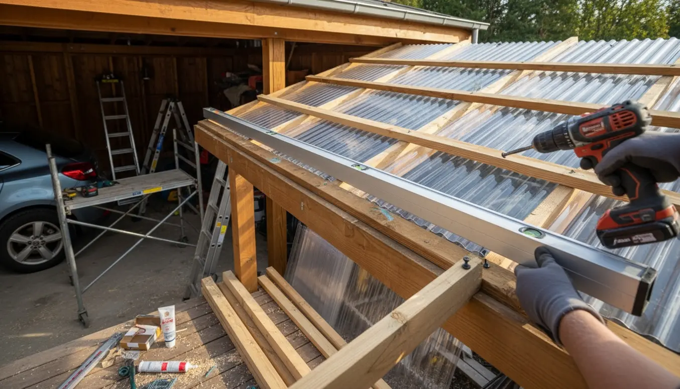 Renovering af plasttag på carport og udhus med nye lægter og paneler, hvor hældningen justeres.