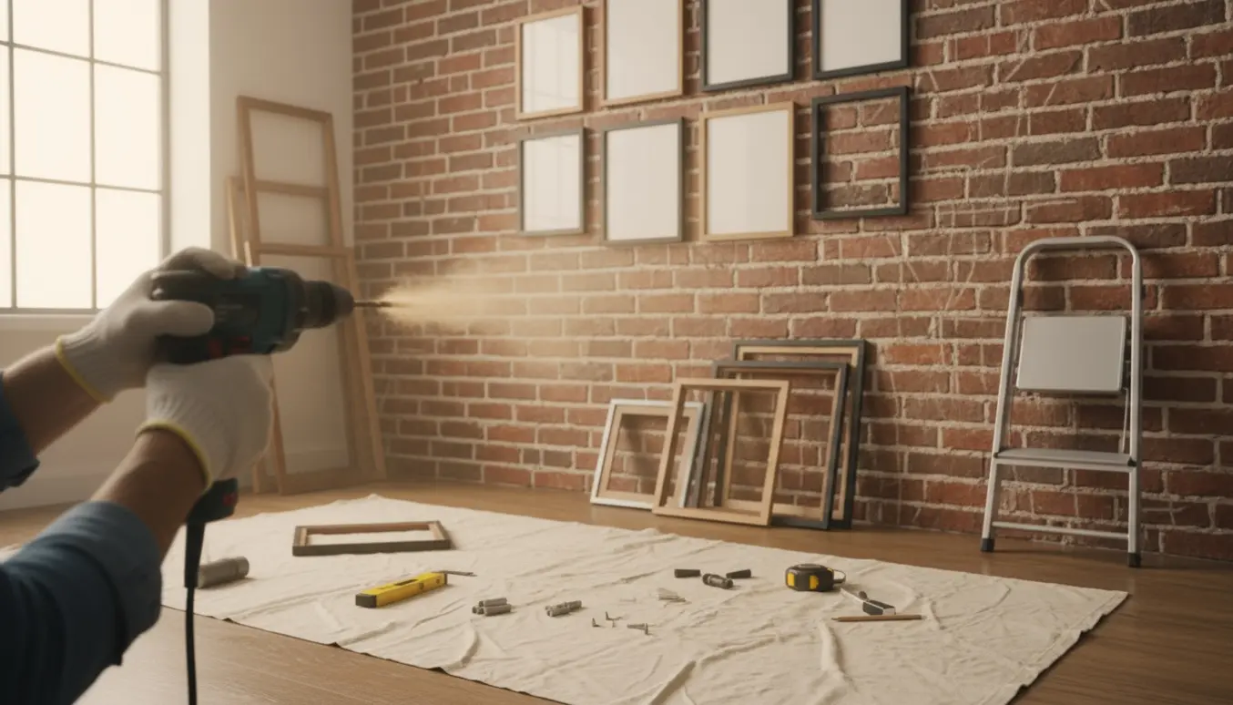 Nærbillede af en boremaskine, hænder og værktøj ved ophængning af billedrammer på en murvæg.