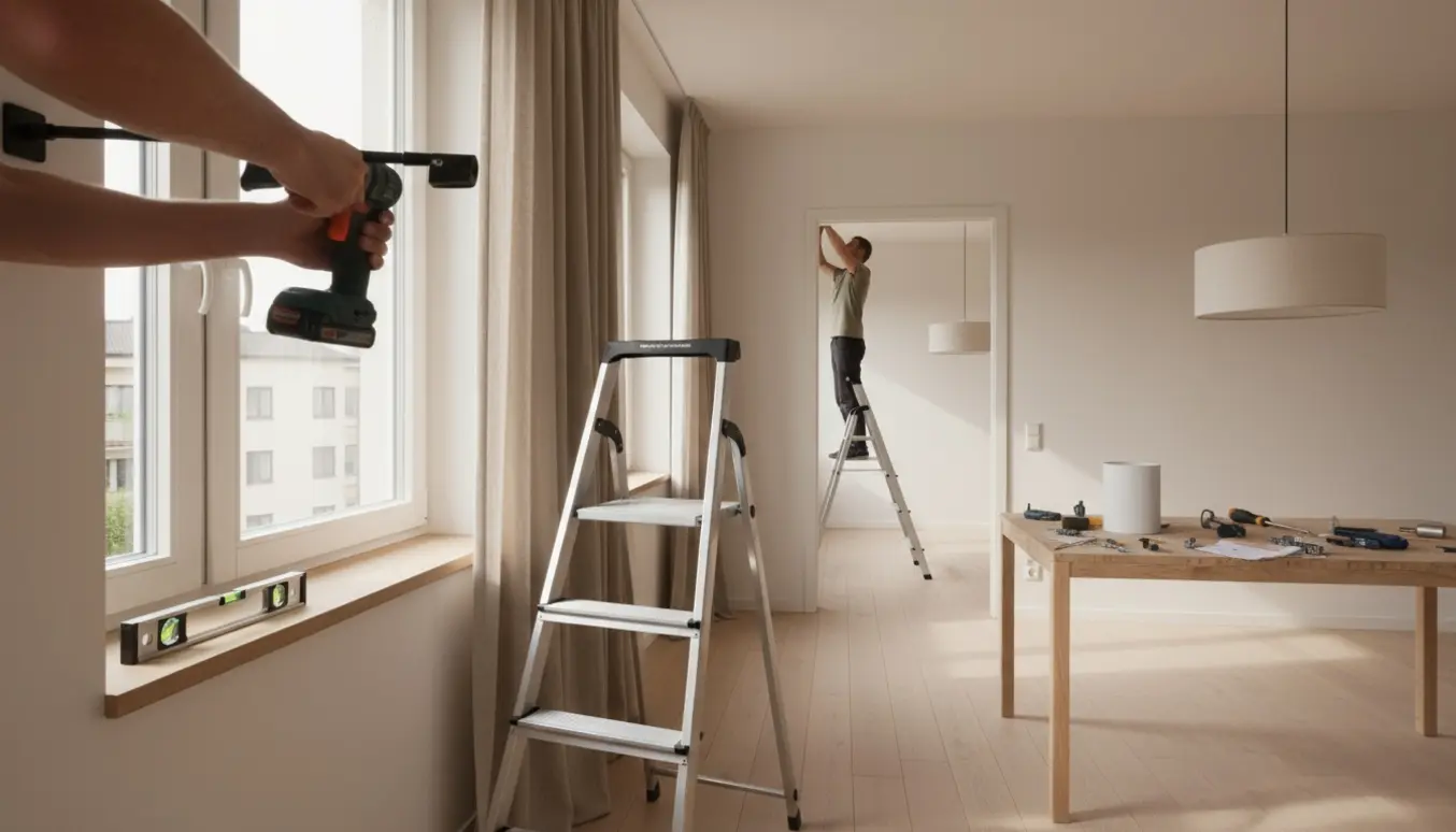 Hænder installerer gardinstænger og loftslamper i en lys stue med stiger og værktøj, ingen ansigter synlige.