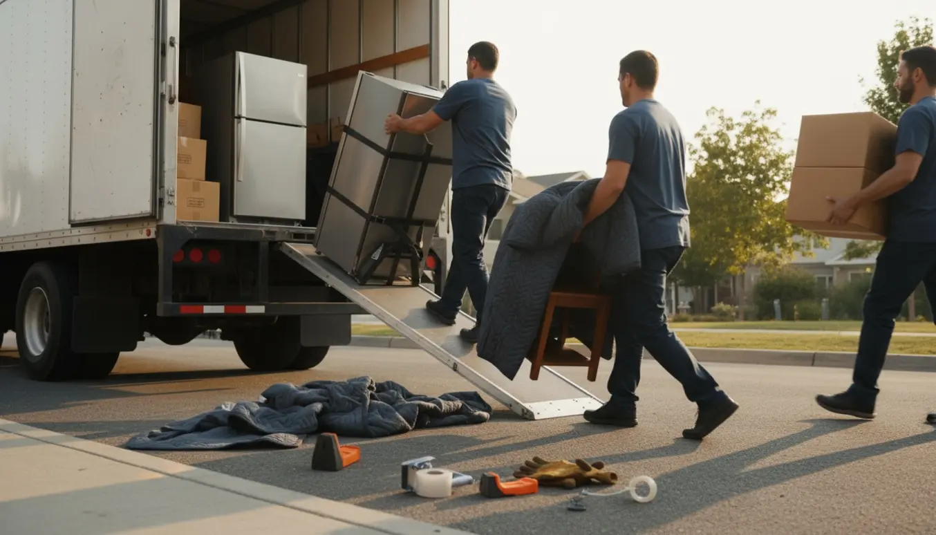 Flyttefolk laster et køleskab og et lille bord i en åben flyttebil blandt stabler af flyttekasser.