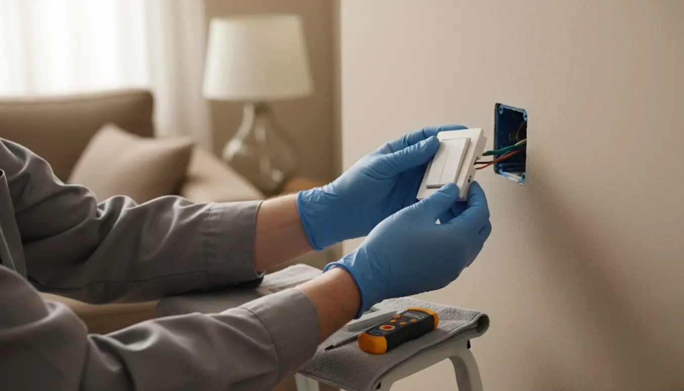 Nærbillede af hænder, der udskifter en vægafbryder med en lysdæmper i en stue.