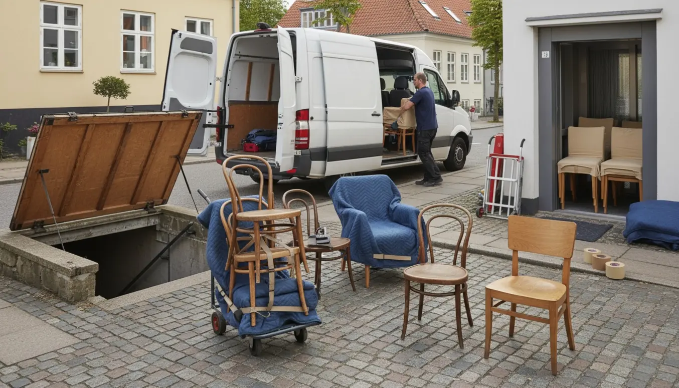 Flyttescene med stole pakket og læsset fra kælder og elevator ind i en flyttevogn.