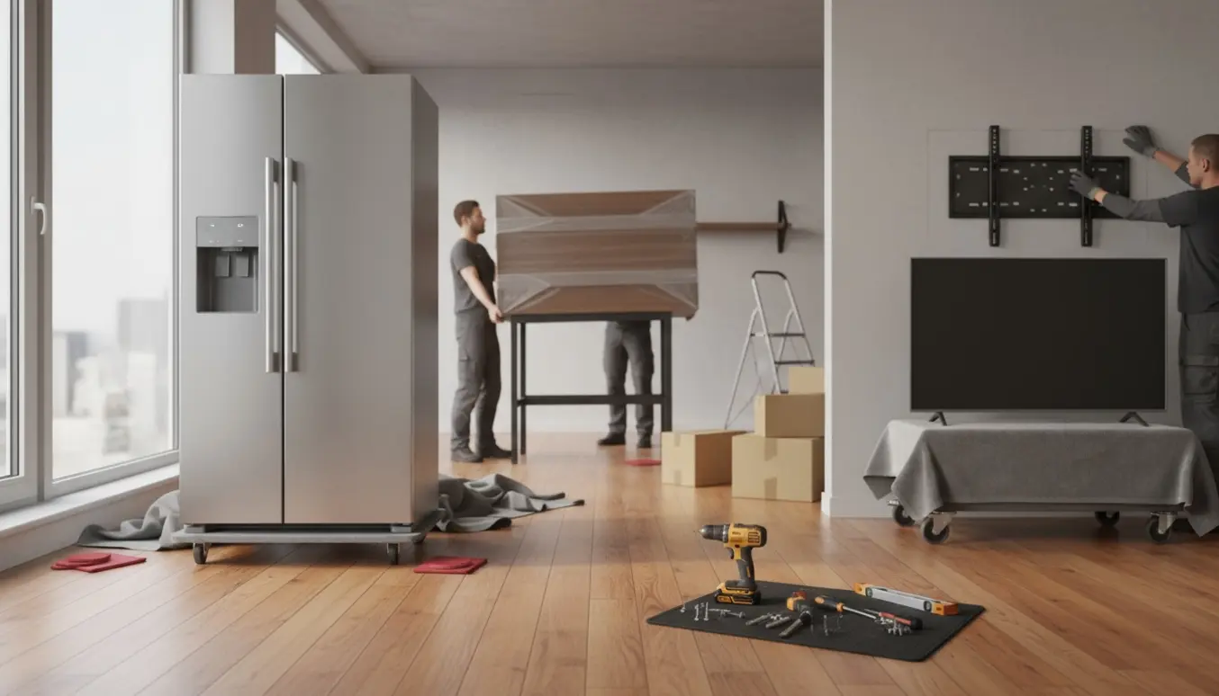 Flyttefolk triller et køleskab, forbereder montering af et tv og sætter en reol op i en lys lejlighed.