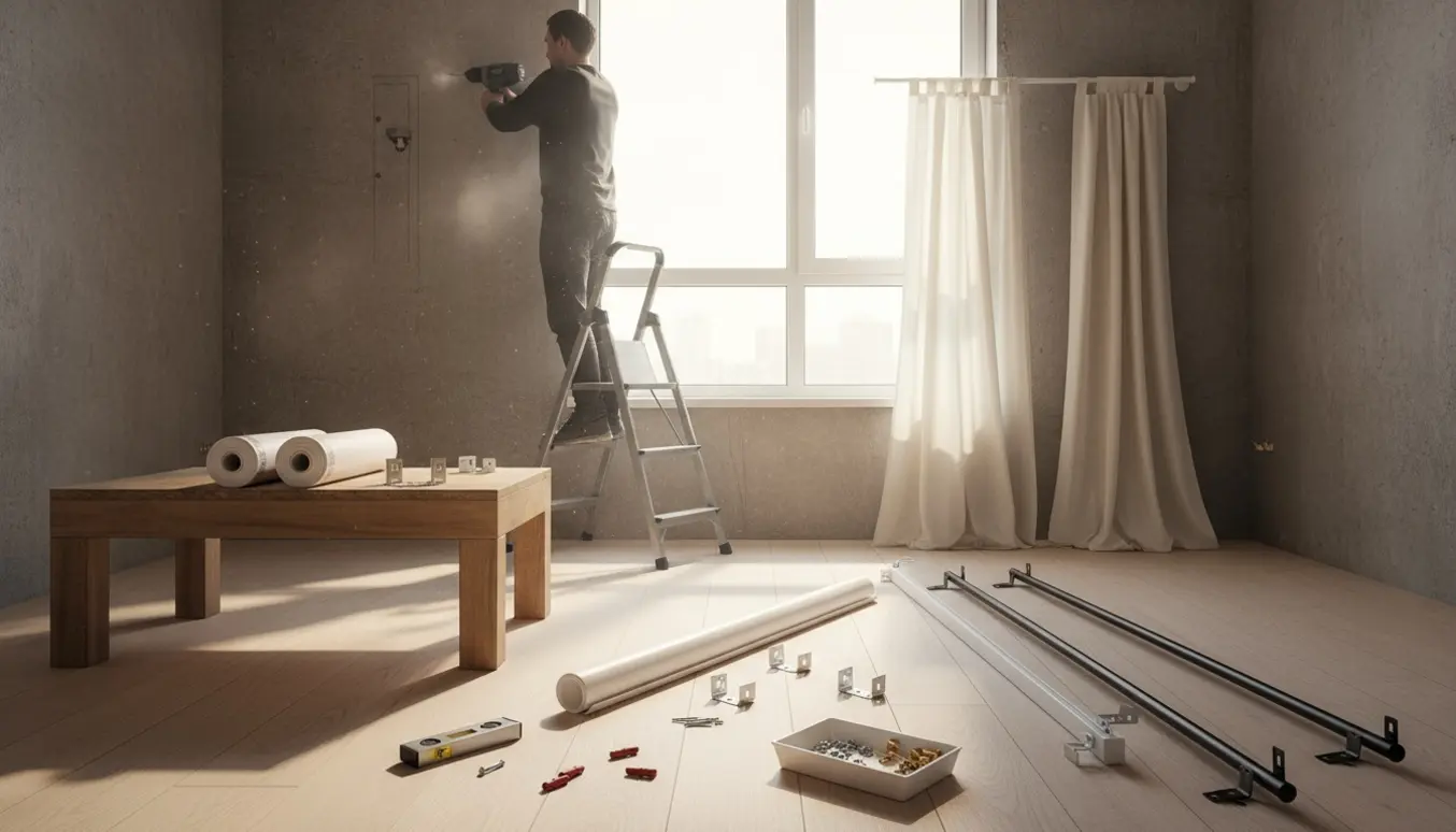 En person monterer rullegardiner og gardinstang på en betonvæg med værktøj og beslag ved vinduet.