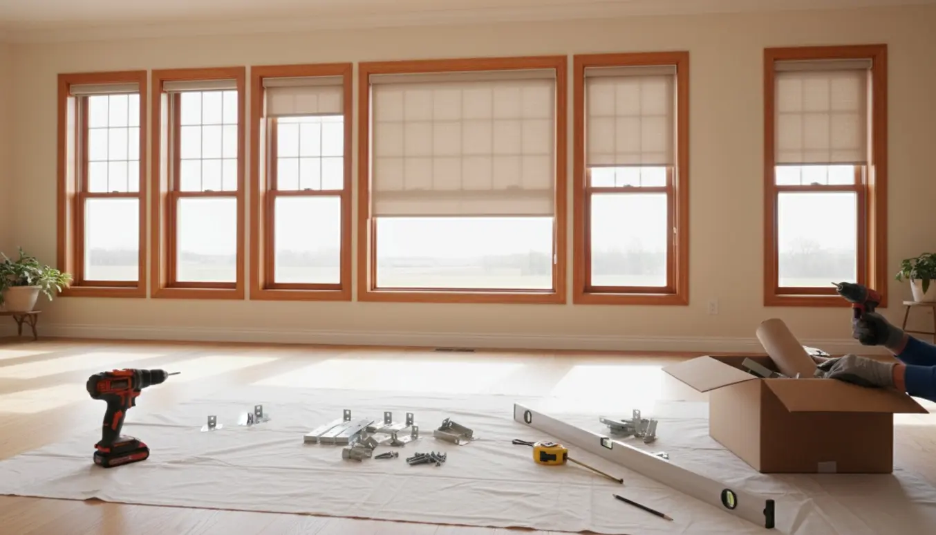 Opsætning af seks rullegardiner ved rækkevinduer med værktøj og installerede beslag i et lyst rum.