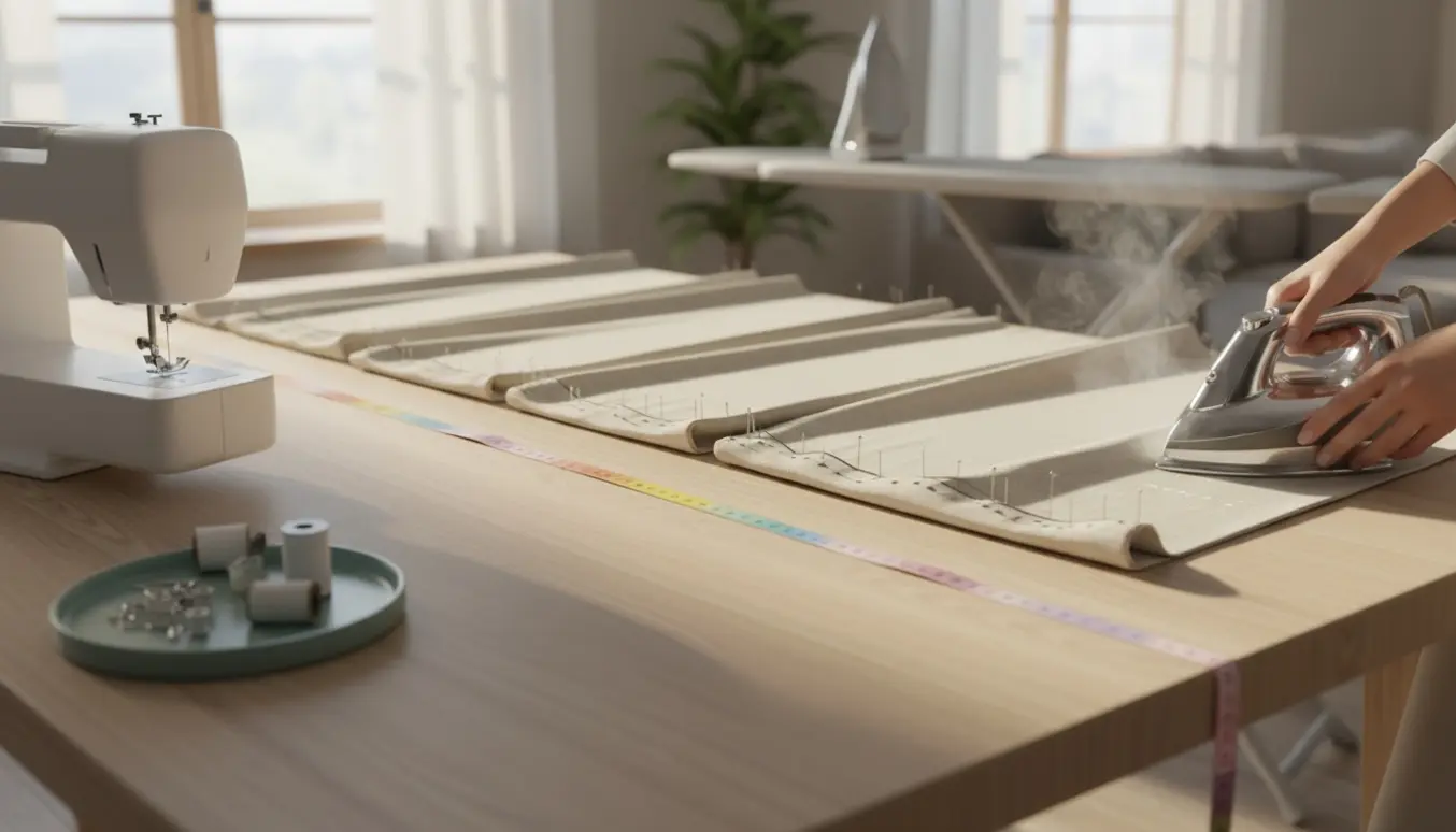 Seks gardiner lagt ud på et lyst sybord med målebånd, nåle og et strygejern, klar til oplægning.