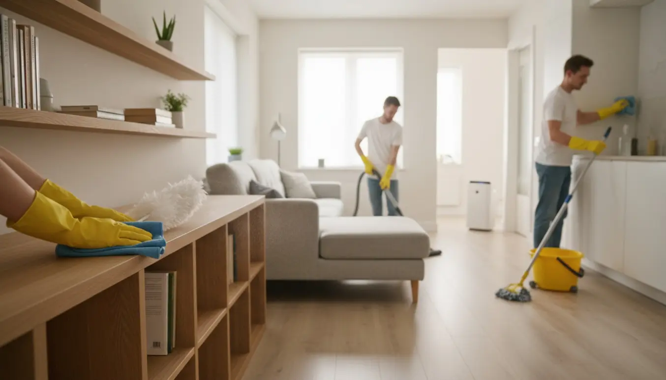 Hænder i gule handsker tørrer hylder af, mens en støvsuger renser sofaen og en moppe står på kliktrægulvet.