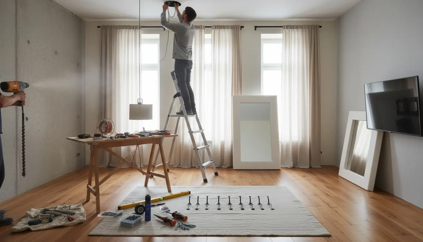 En tekniker (set bagfra) ved opsætning af lamper, gardinbeslag, knager, spejl og TV i en stue med værktøj og materialer lagt frem.