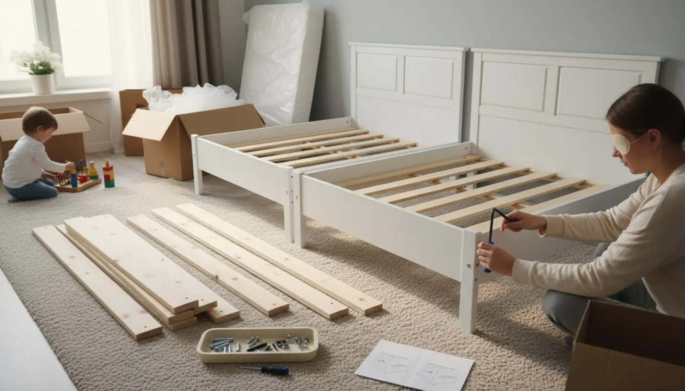 En mor samler to Hemnes-senge i en stue under flytning med værktøj og et lille barn i nærheden.