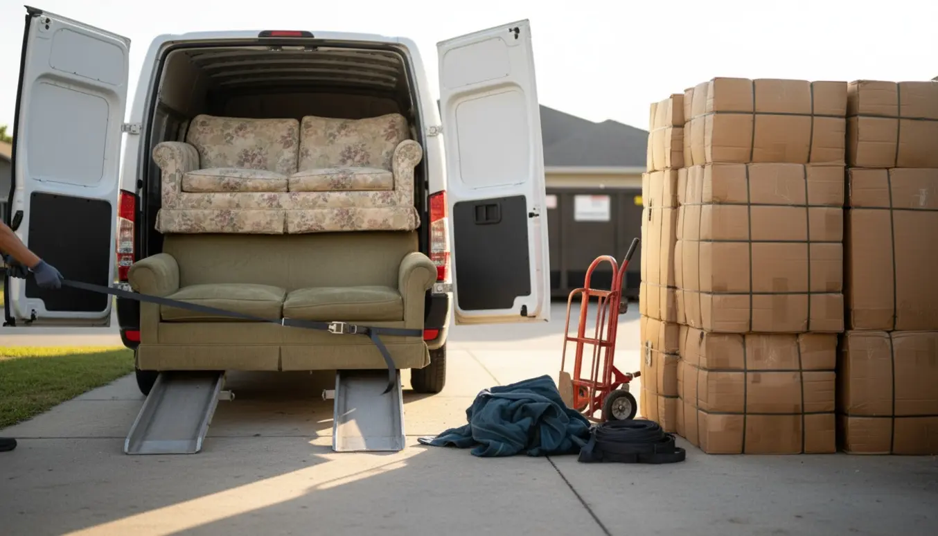 To gamle sofaer og sammenpresset pap stablet ved en varevogn klar til bortkørsel.