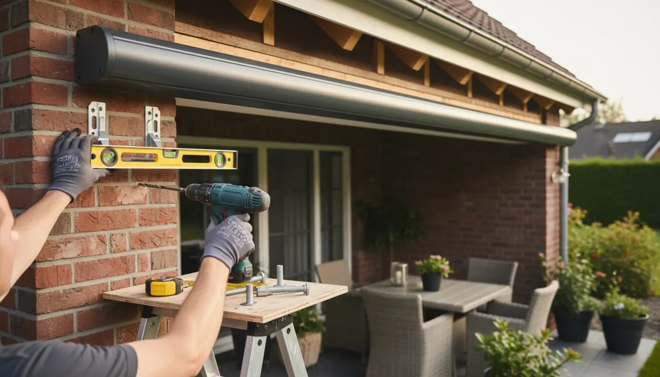 En lukket elektrisk markise på ca. 5 m monteres med universalbeslag på husfacaden over en terrasse.