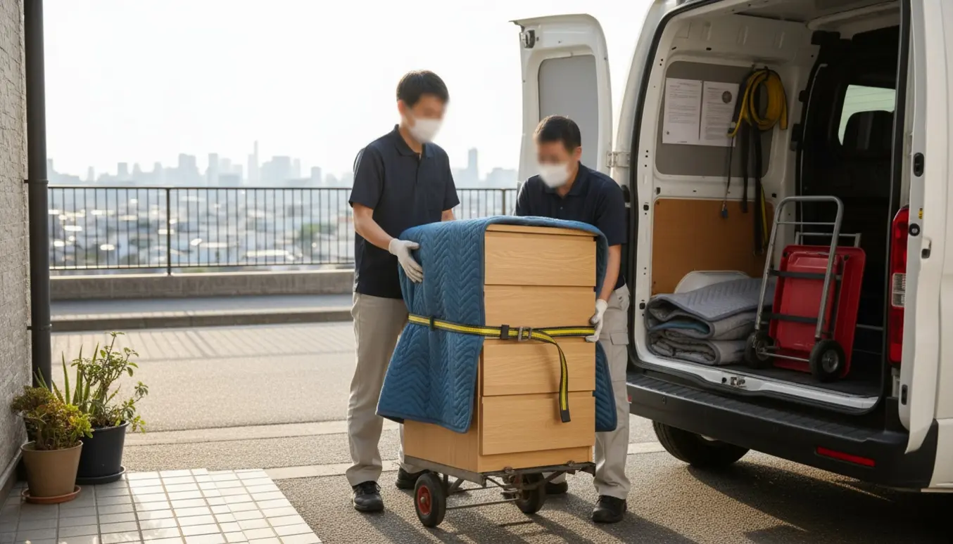 Let trækommode pakkes og løftes ind i en flyttevogn ved en dørtrin under en langdistanceflytning.
