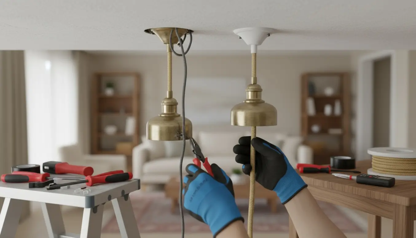 Elektrikerens handsker og værktøj ved to loftlamper, mens kabler udskiftes i et lyst rum.