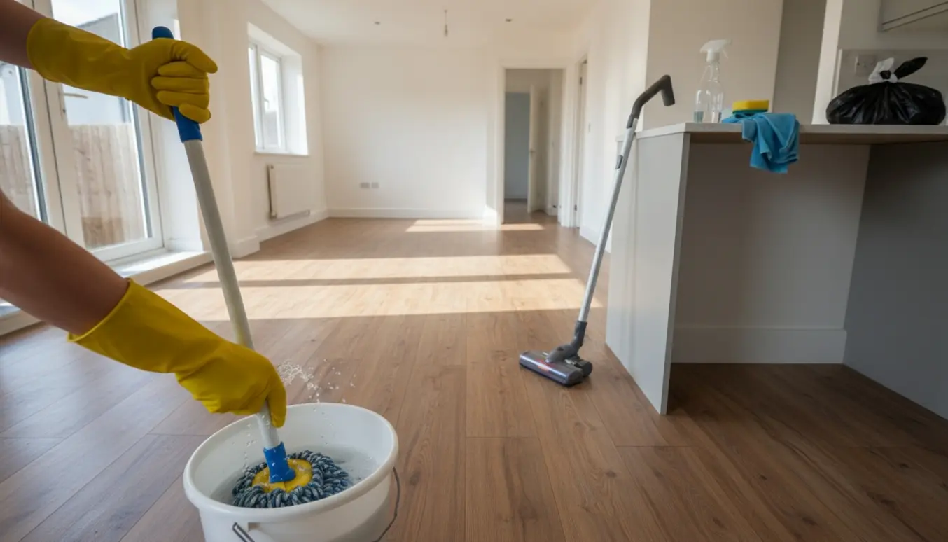 Udflytningsrengøring i rækkehus med laminatgulv, hvor gulv moppes i køkkenet.