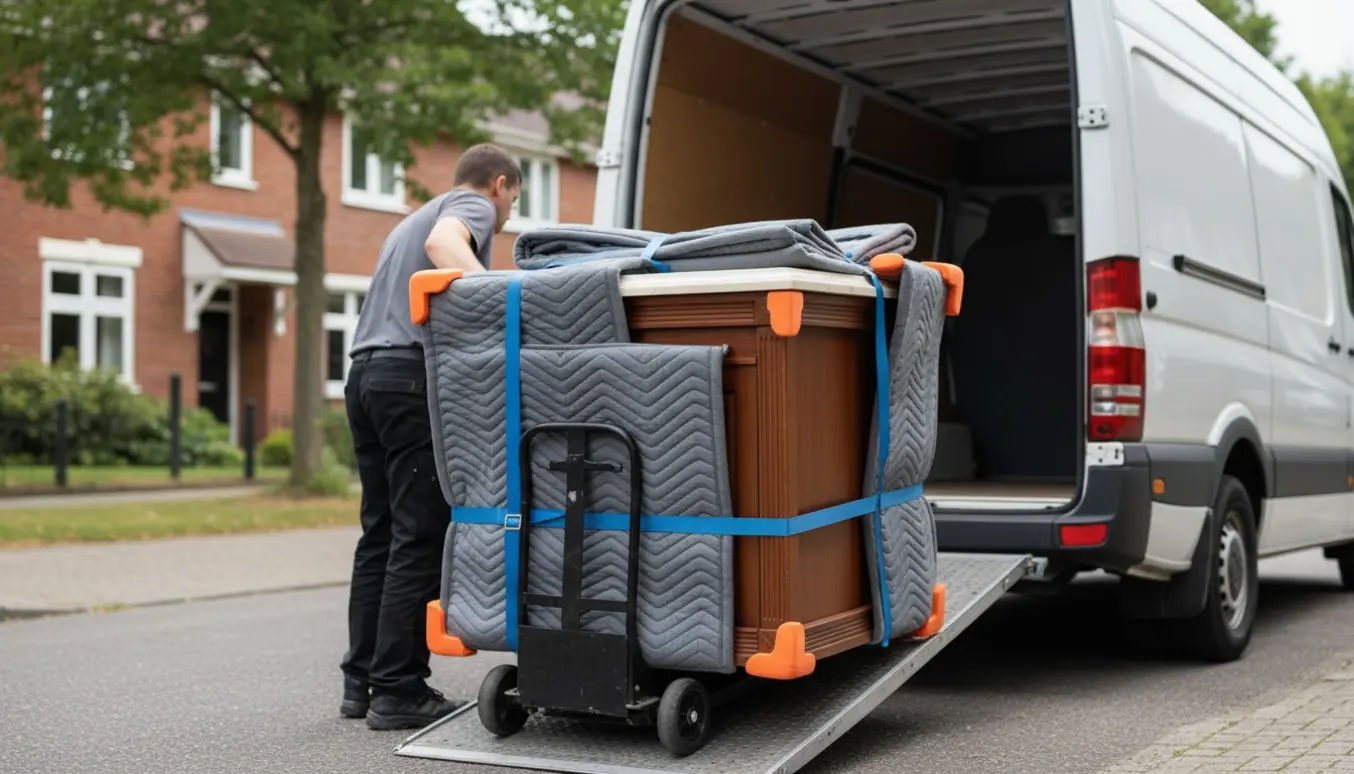 To flyttemænd laster et indpakket badeværelsesskab ind i en flyttevogn på en stille villavej.