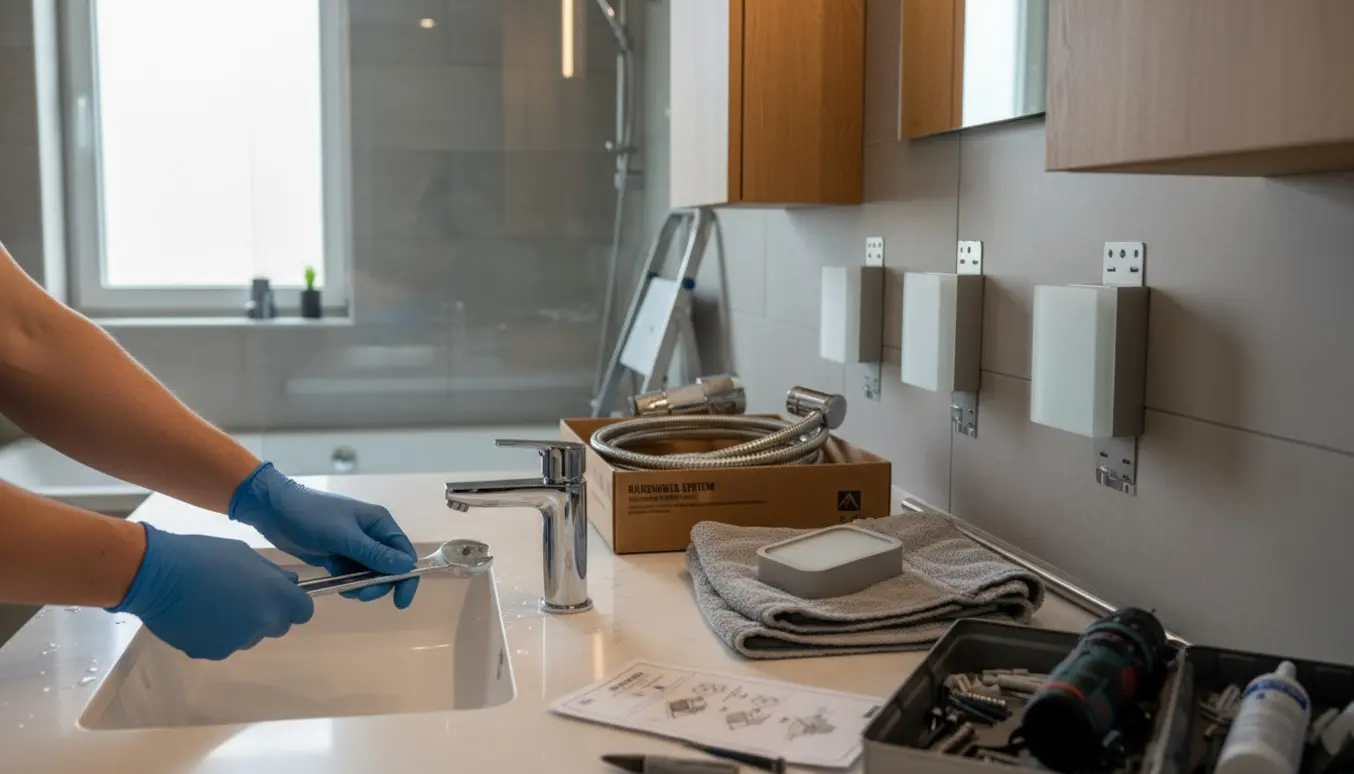 Hænder monterer en ny vandhane i et moderne badeværelse med værktøj og monteringsdele spredt omkring.