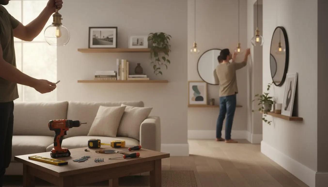 Hænder monterer lamper, fire hylder, et stort spejl og billeder på en lys stue- og gangvæg.
