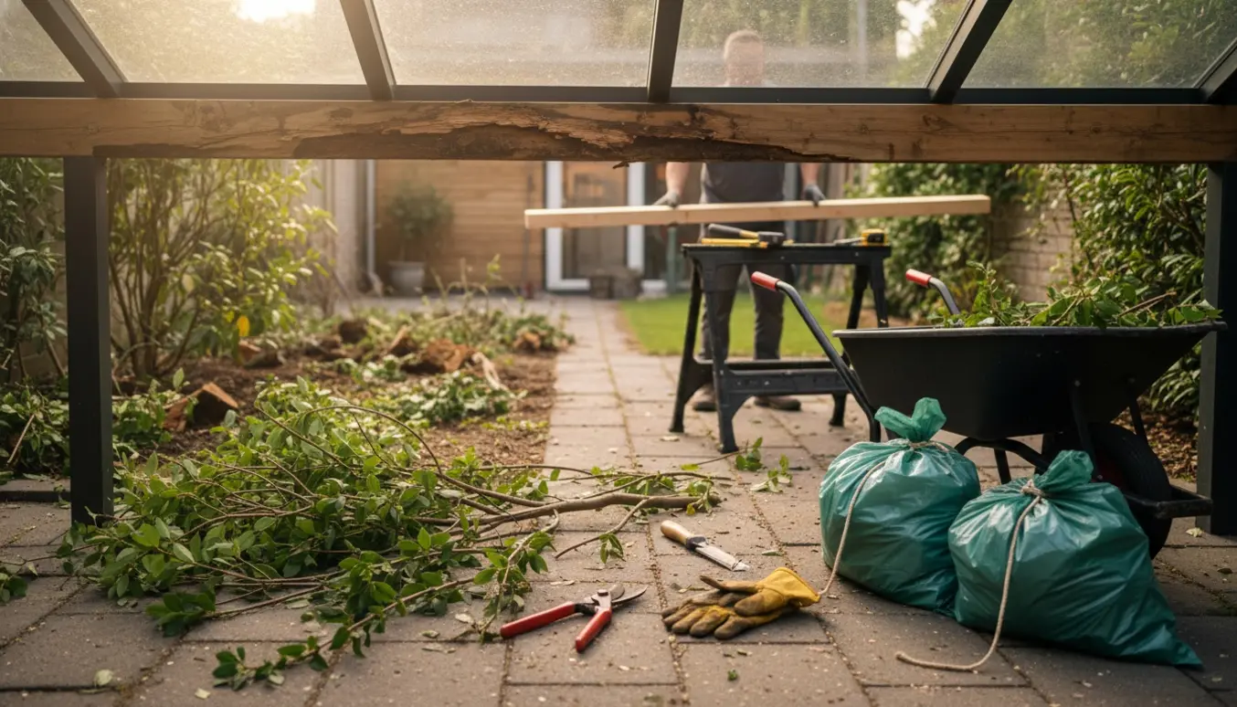 Shrubs fjernet omkring en rådden bjælke under et glastag, med værktøj og en ny bjælke klar til udskiftning.