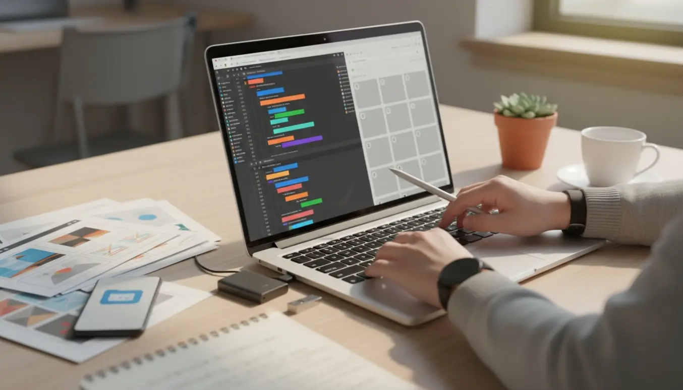 Laptop med HTML-agtig kode og et WordPress-lignende kontrolpanel på skærmen, hænder peger, notesblok og kaffekop på et lyst skrivebord.