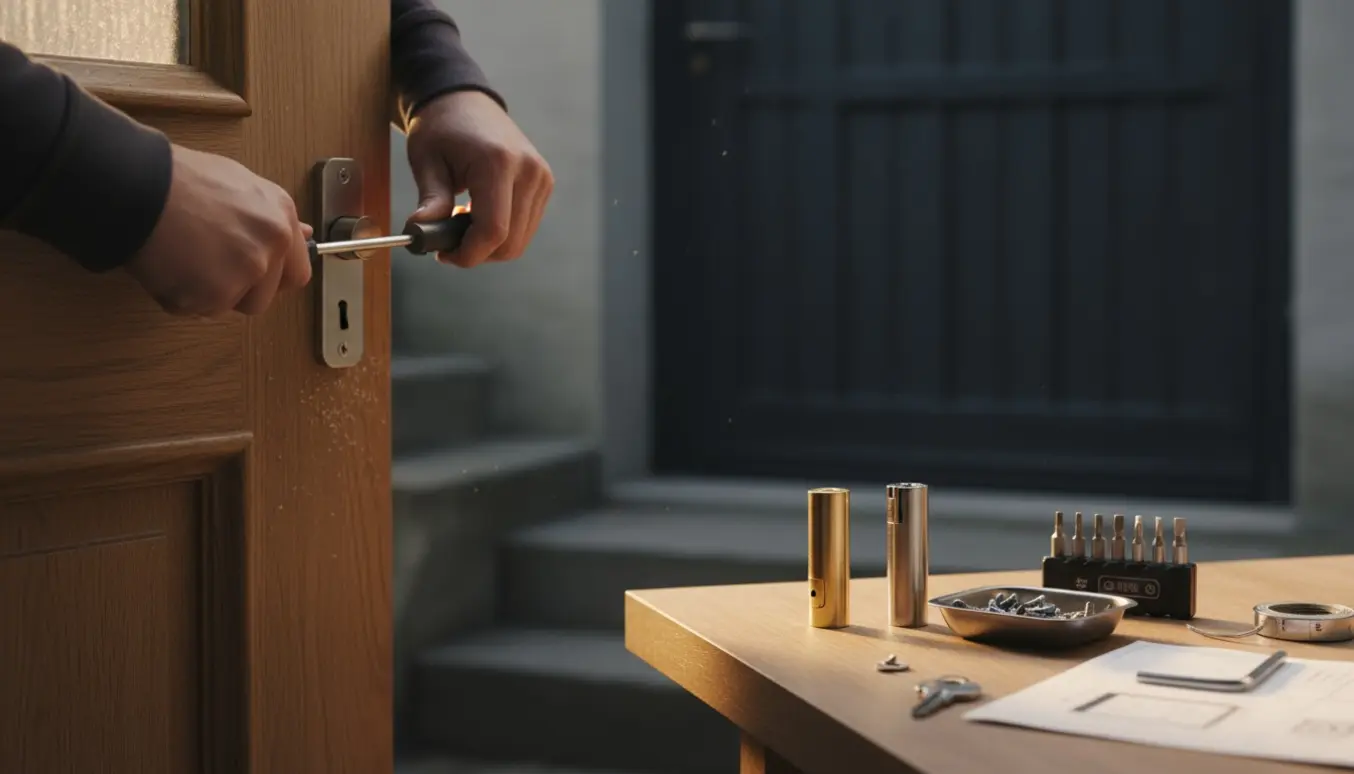 Nærbillede af hænder, der udskifter en låsecylinder ved hoveddøren med reservedele og værktøj på et bord.
