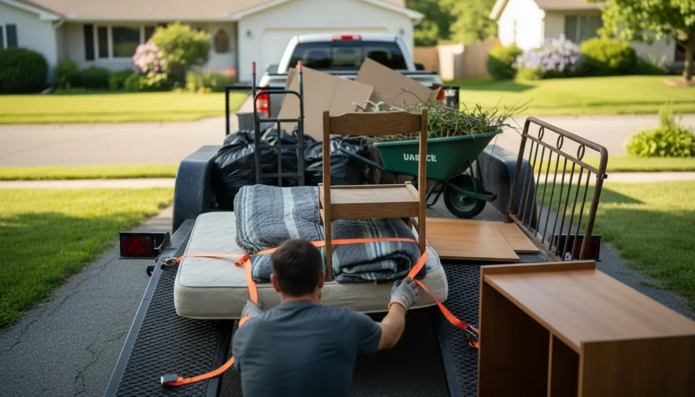 Trailer bakket op til en indkørsel, hvor affald og møbler bliver læsset af en person med ryggen til.