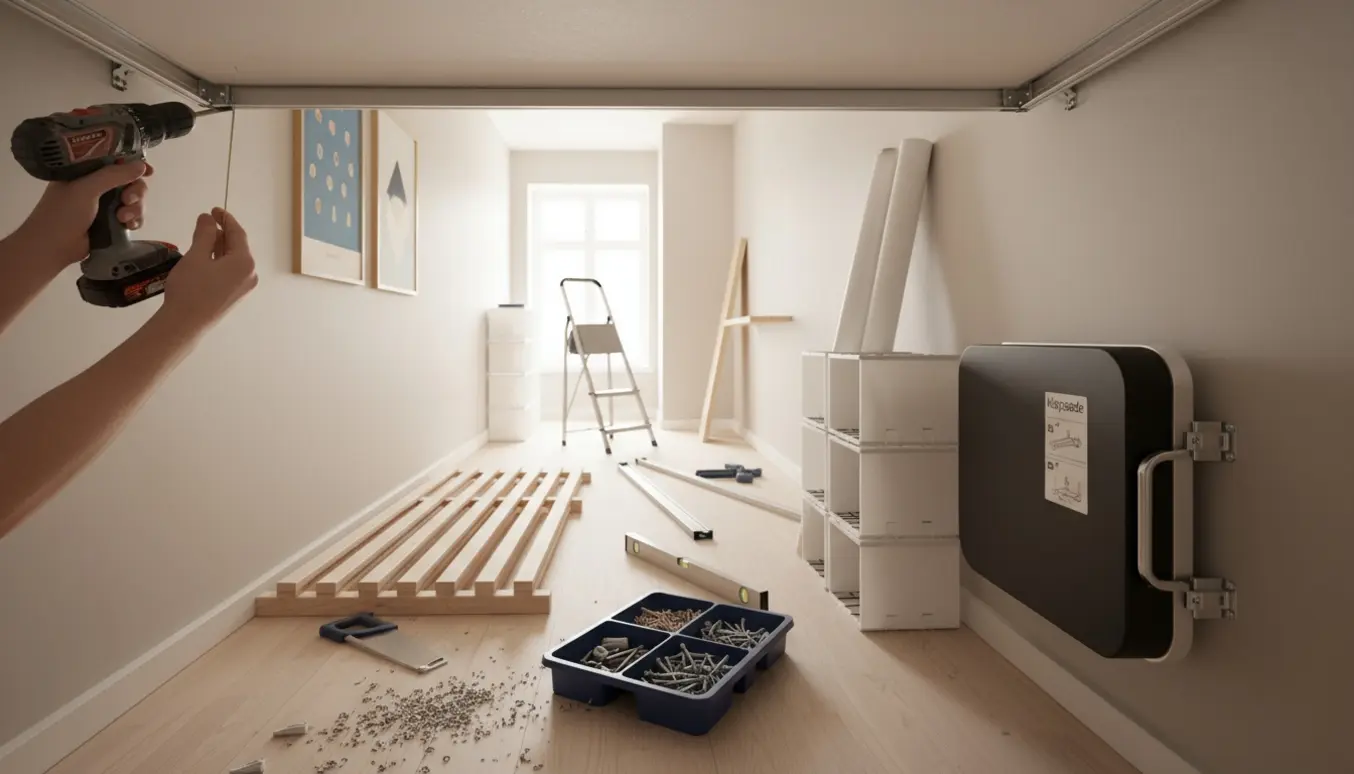 Værktøj, materialer og hænder i gang med at montere gardinskinne, rullegardiner, hylde og klapsæde i en lys entré.