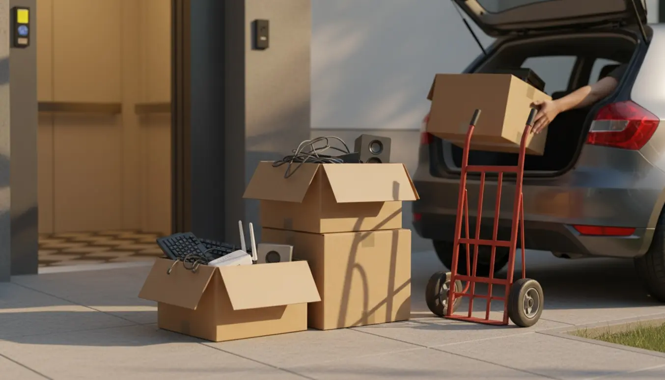 Fire kasser elektronik ved elevator og åben bil med hjælpende hænder, klar til afhentning.