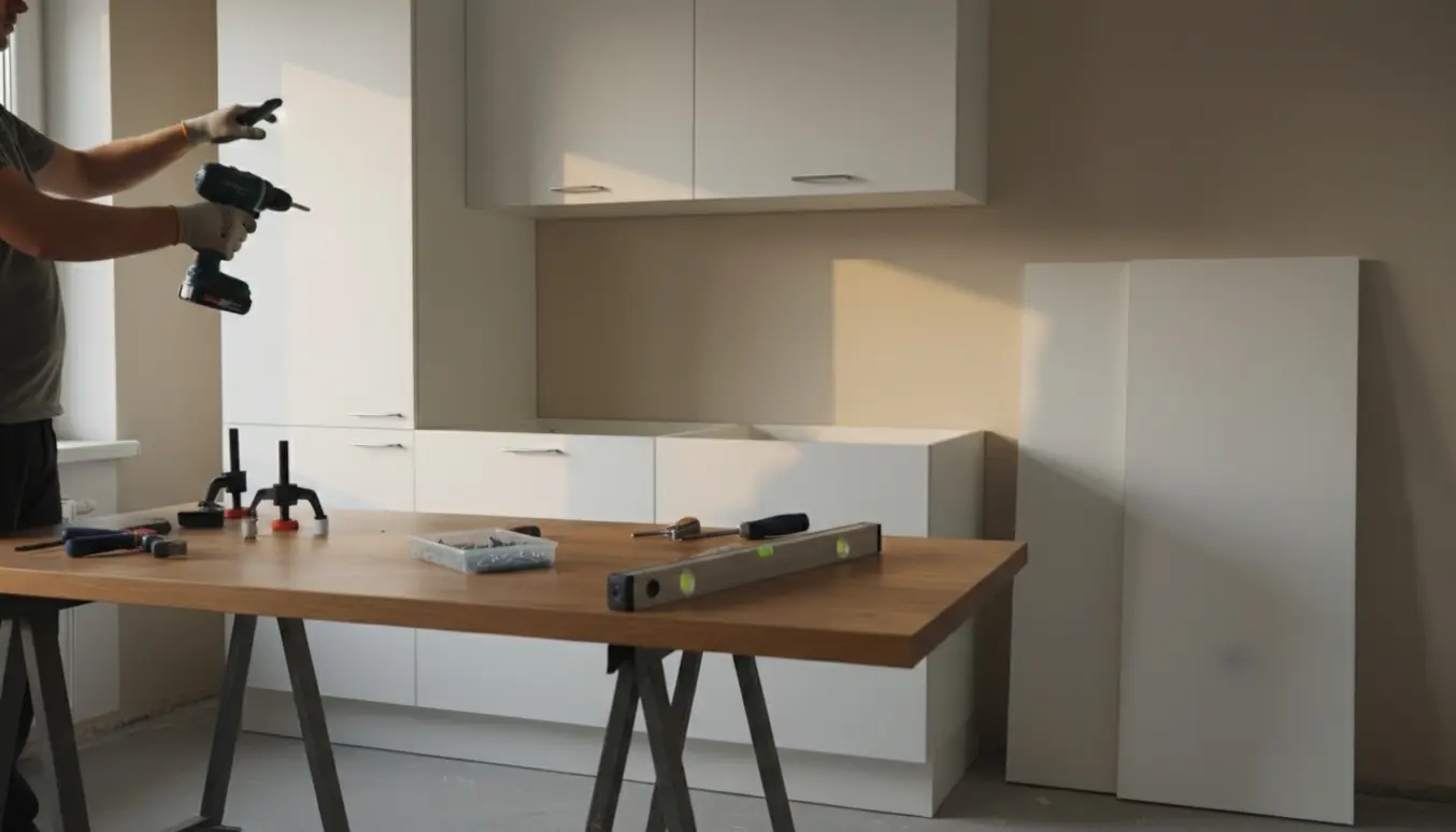 Et køkken under montering med skabe, værktøj og en træbordplade klar til opsætning.